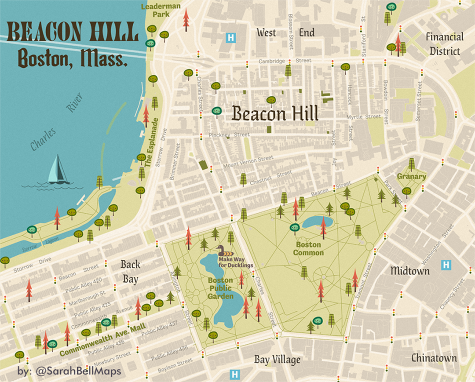 Map of Boston highlighting Back Bay and Beacon Hill