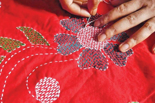 Traditional Nakshi Kantha embroidery in rural Bangladesh