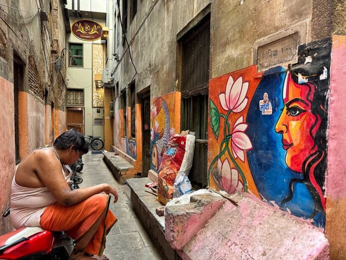 Colorful scrap-art installations at Varanasi crossings