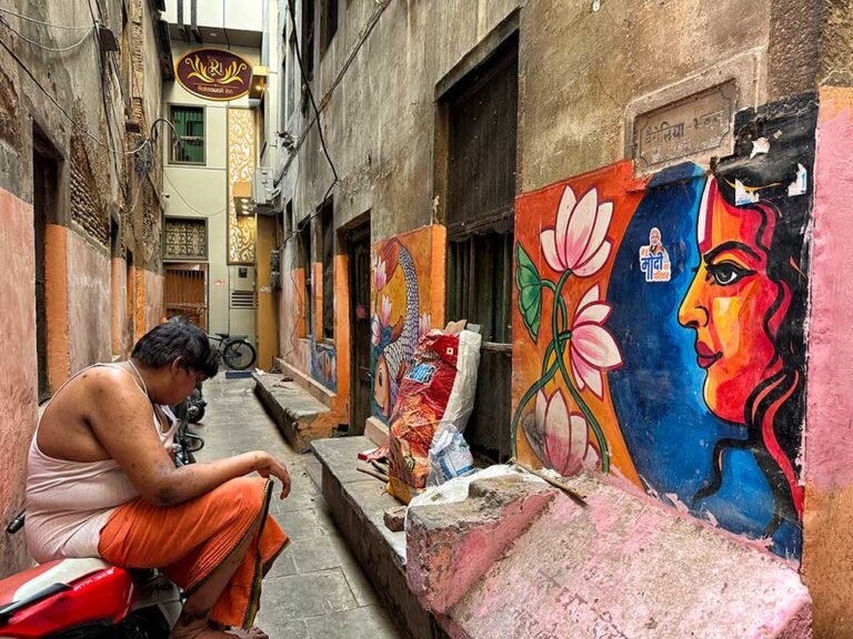 Colorful scrap-art installations at Varanasi crossings